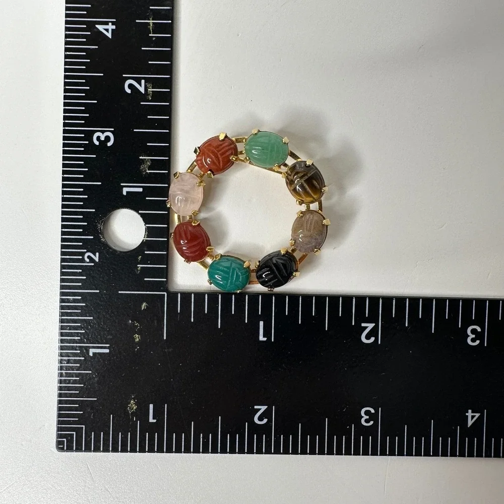 Vintage Gold Tone Multi Color Scarab Wreath Brooch Pin Egyptian Revival Costume